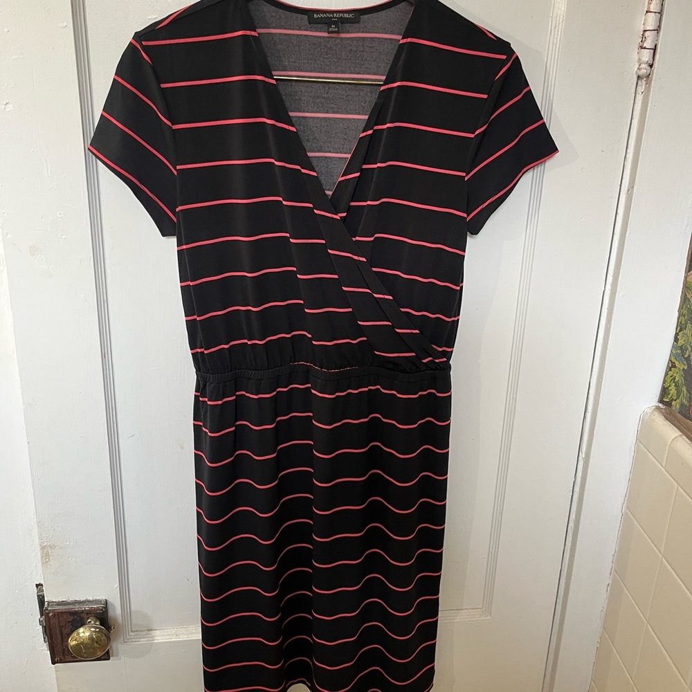 Banana Republic Black & Pink Striped Faux Wrap Midi Dress - Size Medium